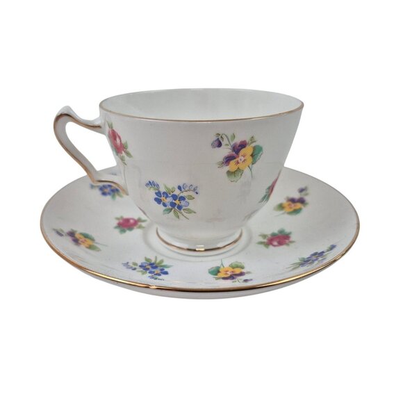 Crown Staffordshire Tea Cup Saucer Fine China Floral Pattern Gold Trim England - Picture 6 of 10